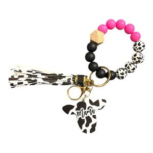 Cow Print Keychain Bracelet with Tassel - “Mama” Design